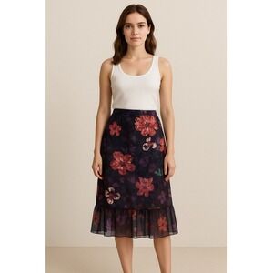 Chicos Women's Skirt Size 2 Medium Red  Purple Floral Lined Ruffle Straight